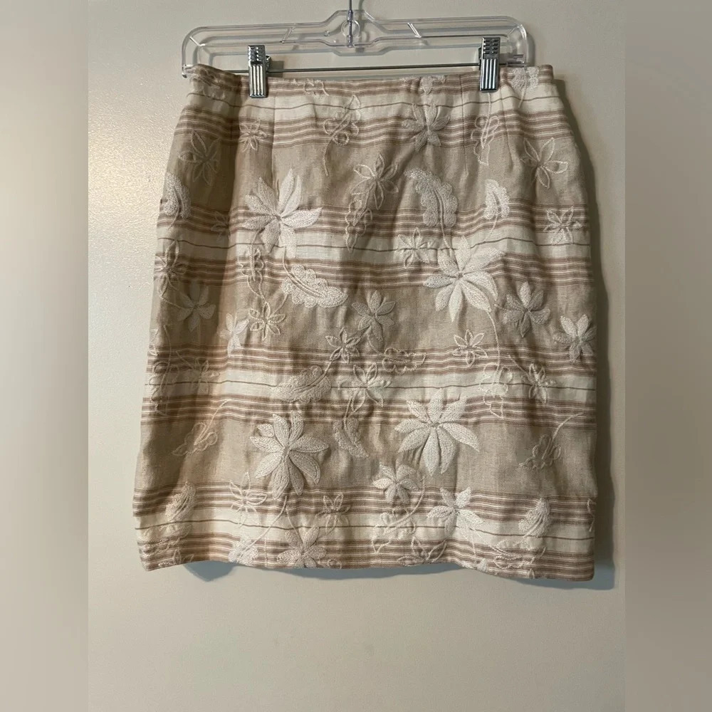 Talbots 100% Irish Linen Embroidered Fully Lined Neutral Classic Skirt Size 10